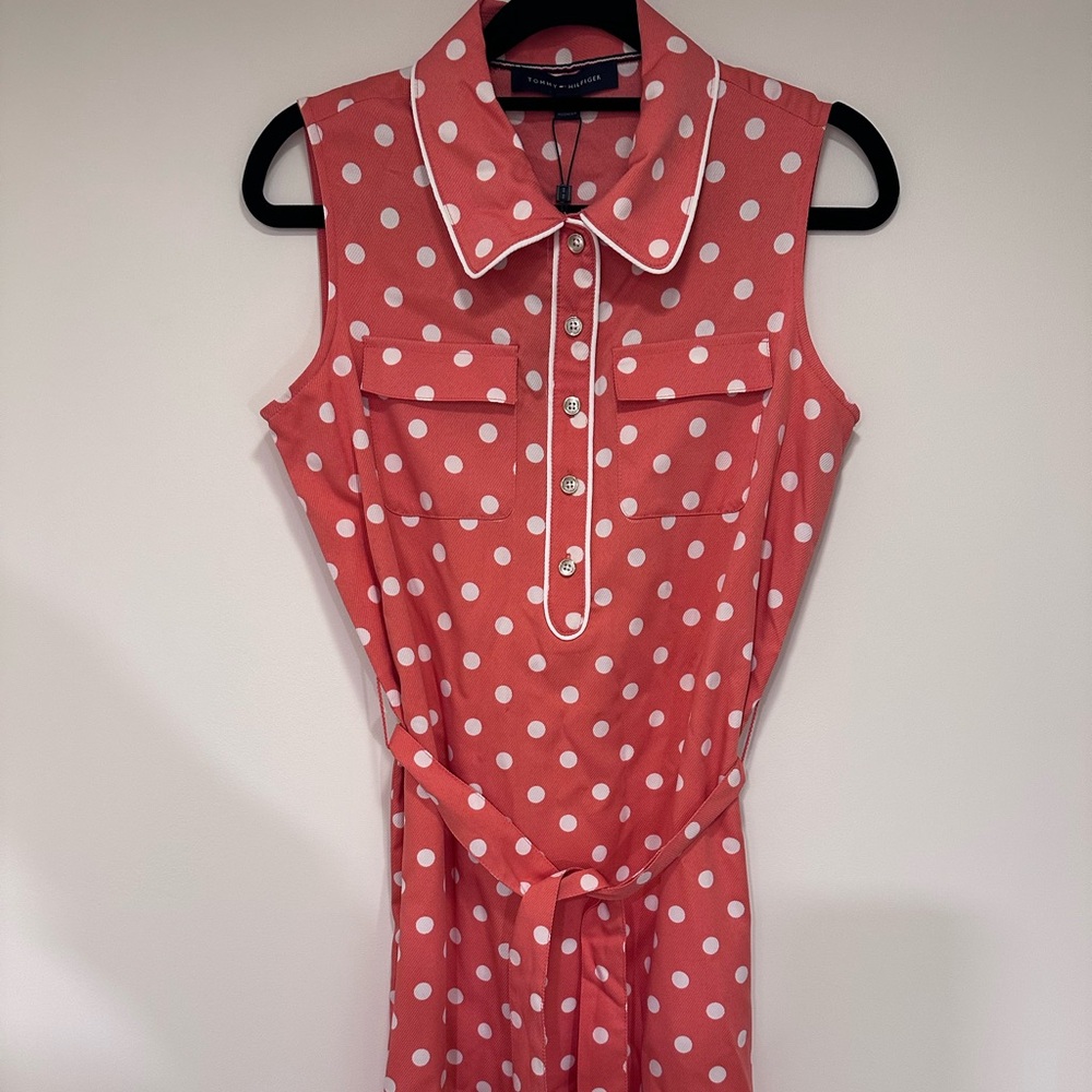NWT Tommy Hilfiger Sleeveless Shirtdress Coral and White Polka Dot Size Small.